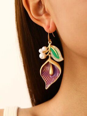 NEW Ornate Purple Enamel Pearl Accented Flower Drop Statement Earrings
